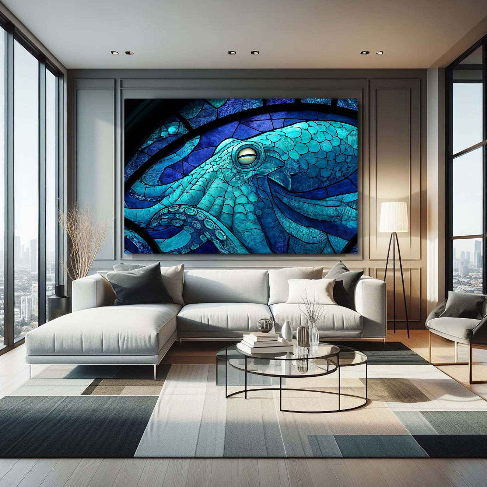 Stained Glass Teal Octopus Canvas – styled in a furnished interior