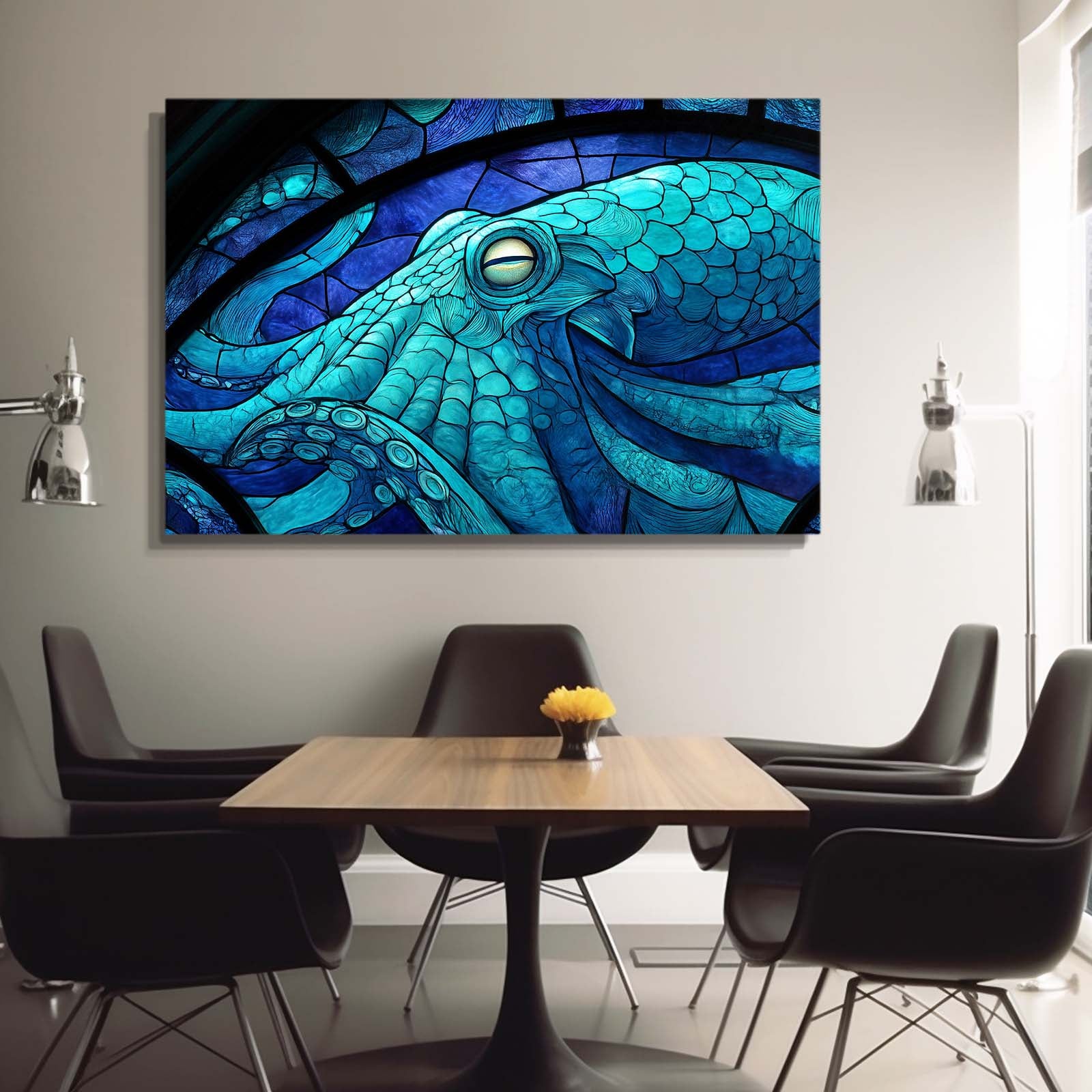 Stained Glass Teal Octopus Canvas – styled in a furnished interior