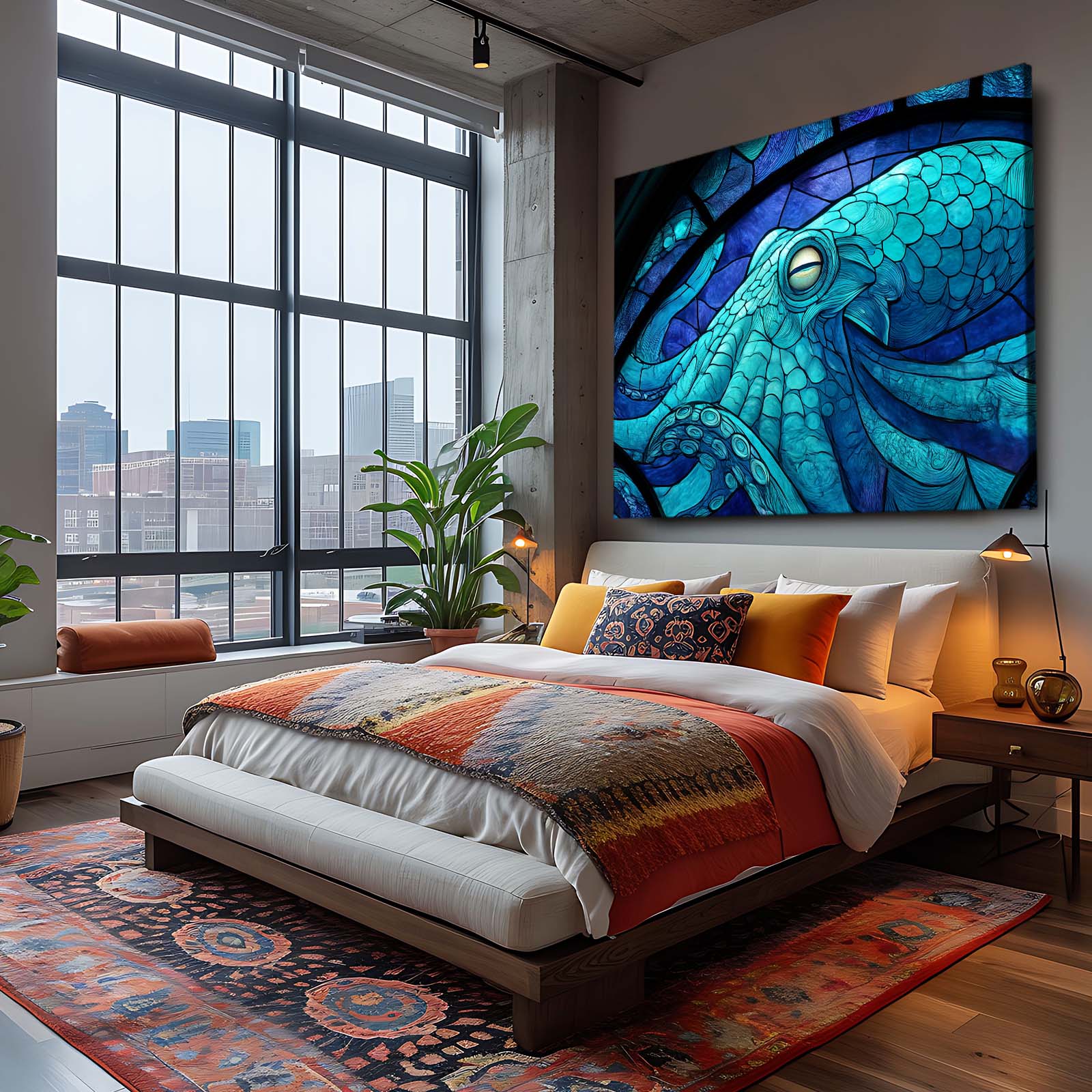 Stained Glass Teal Octopus Canvas – styled in a furnished interior