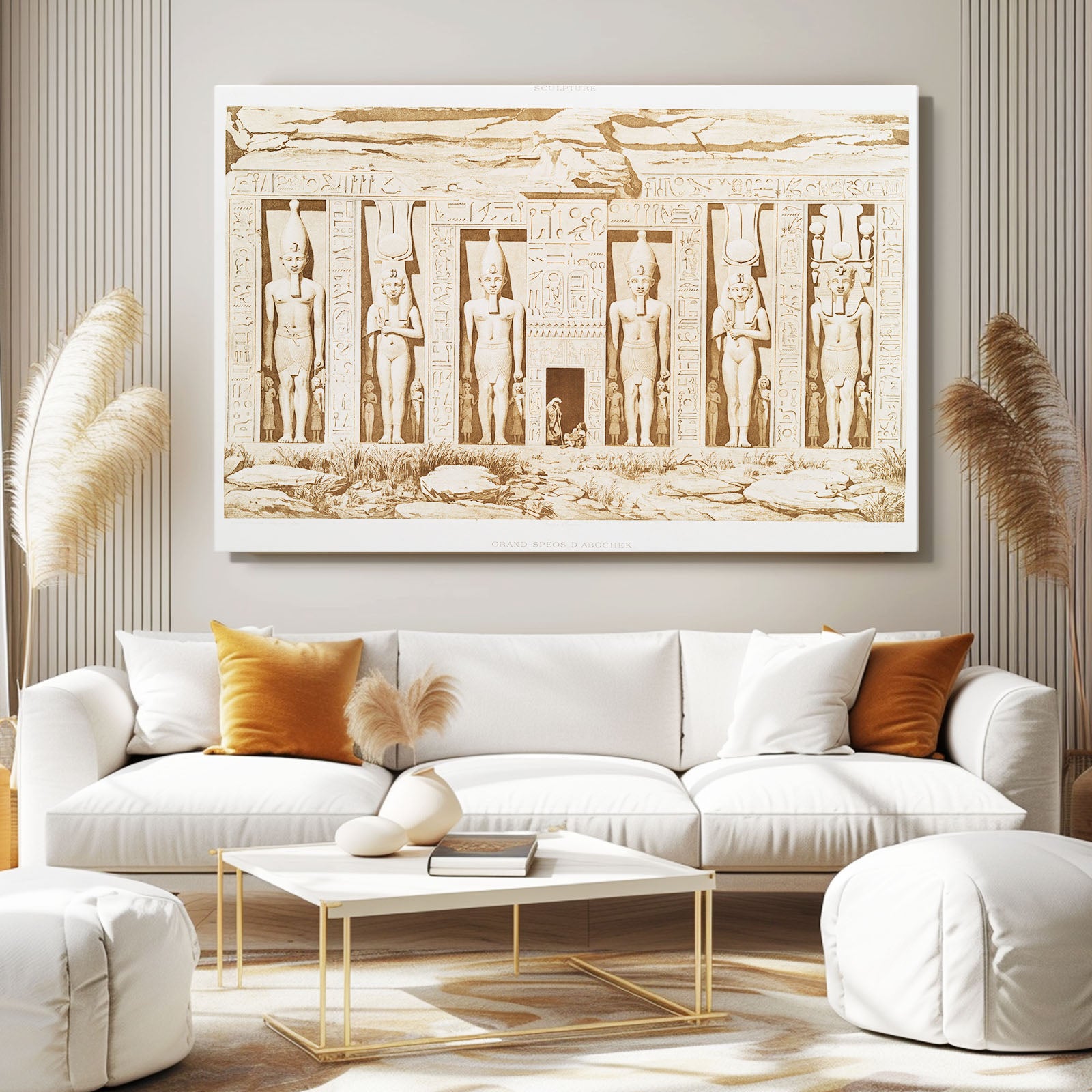 Standing Figures Frieze Egyptian Canvas Art – styled in a furnished interior