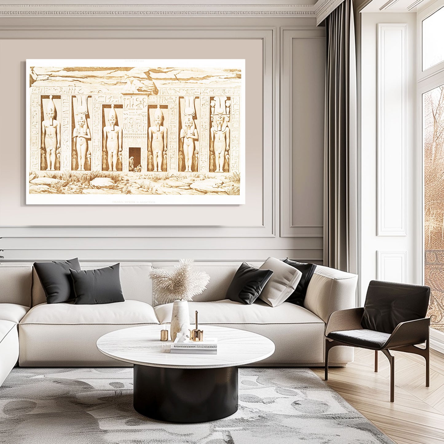 Standing Figures Frieze Egyptian Canvas Art – styled in a furnished interior