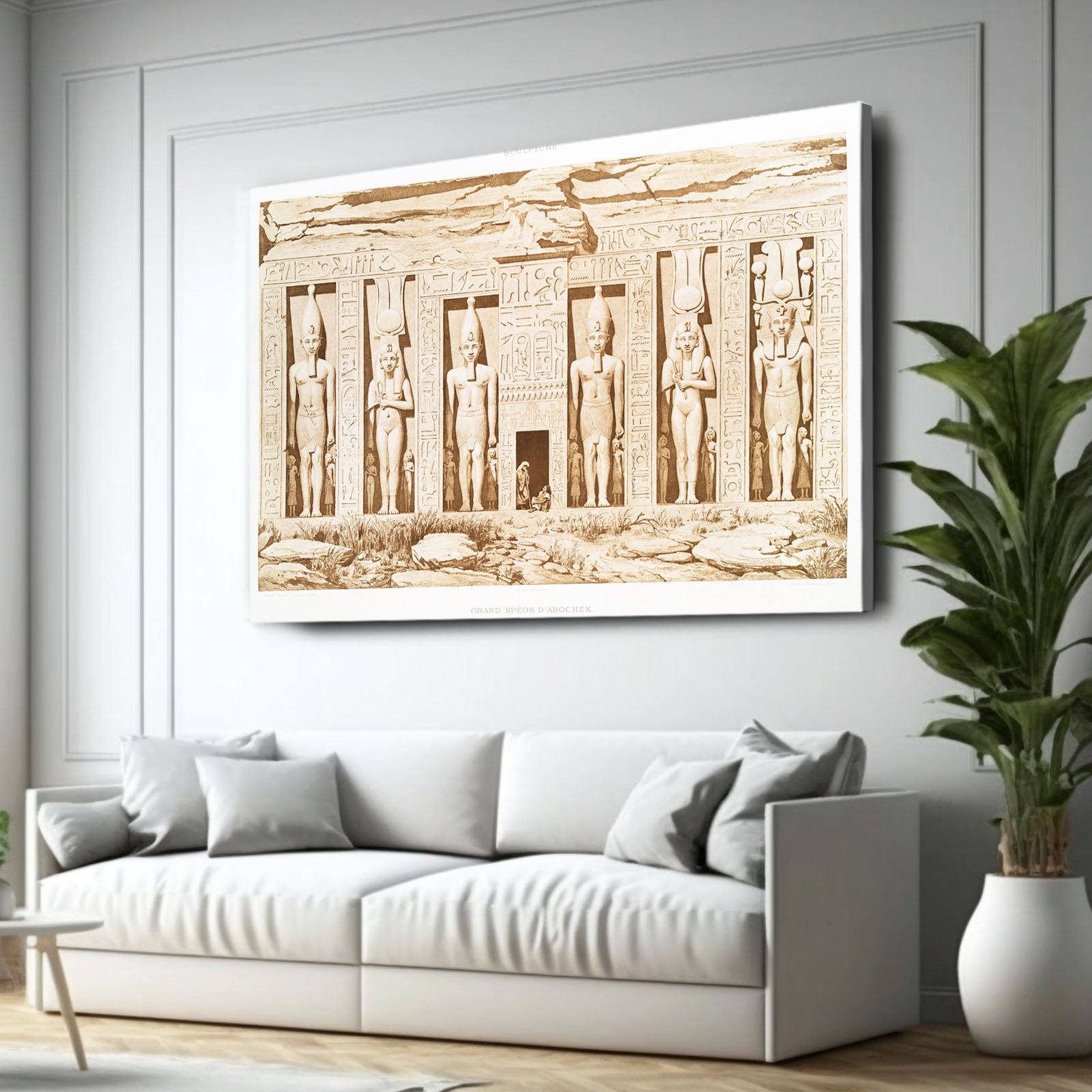Standing Figures Frieze Egyptian Canvas Art – styled in a furnished interior