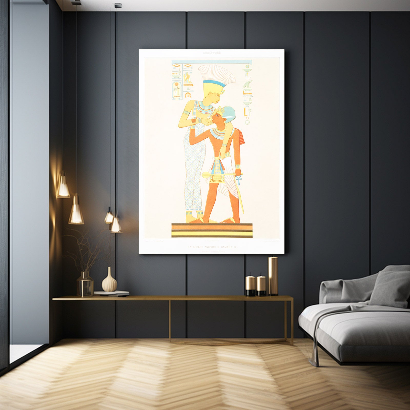 Standing Pharaoh Illustration Egyptian Wall Art – styled in a furnished interior