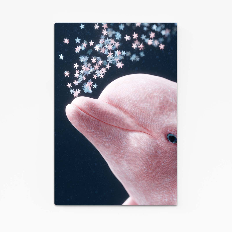 Star Confetti Dolphin Art – pink dolphin blowing a spray of star confetti into a navy night sky