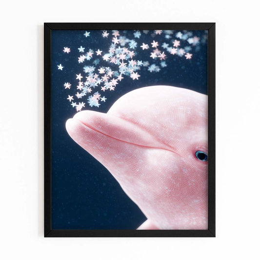 Star Confetti Dolphin Art – with Premium Black wood frame on white background