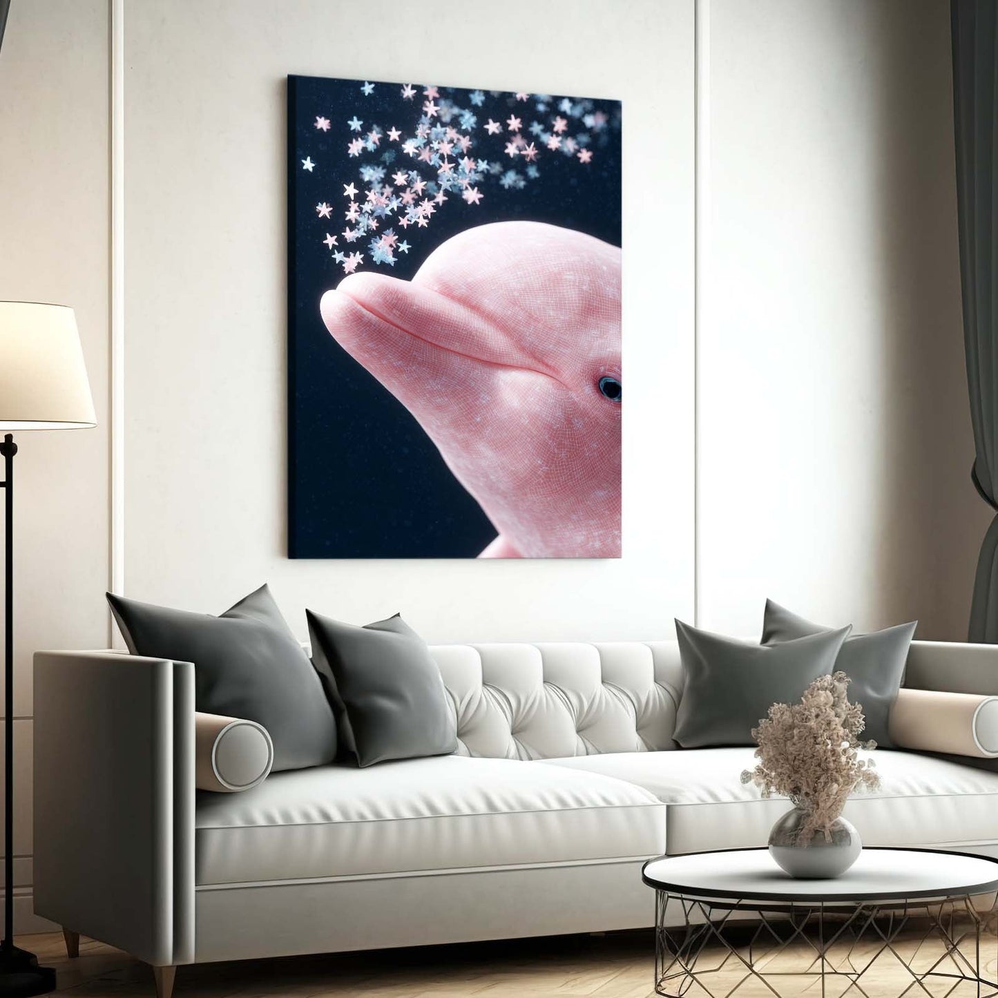 Star Confetti Dolphin Art – styled in a furnished interior