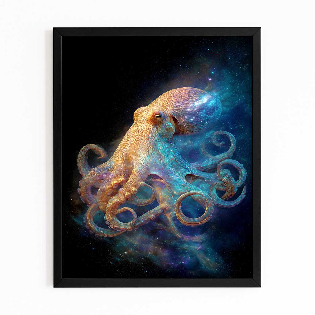 Stardust Drift Octopus Canvas Art – with Premium Black frame on white background