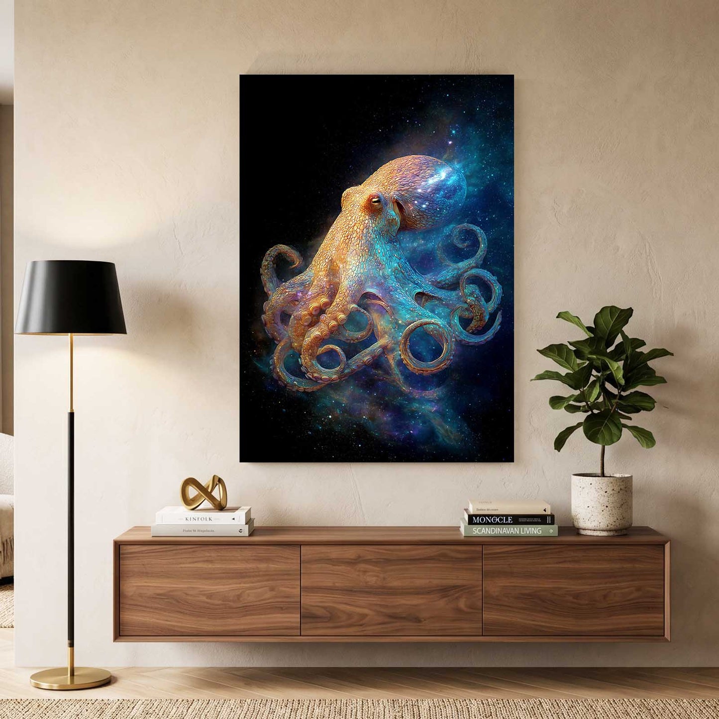 Stardust Drift Octopus Canvas Art – styled in a furnished interior