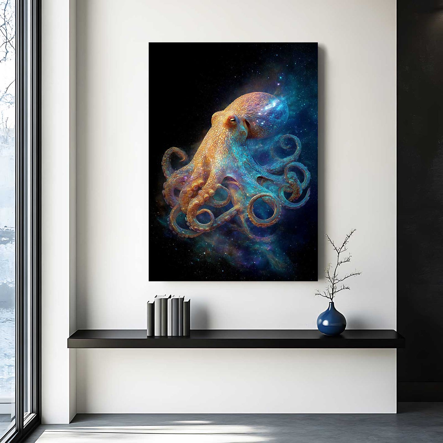 Stardust Drift Octopus Canvas Art – styled in a furnished interior
