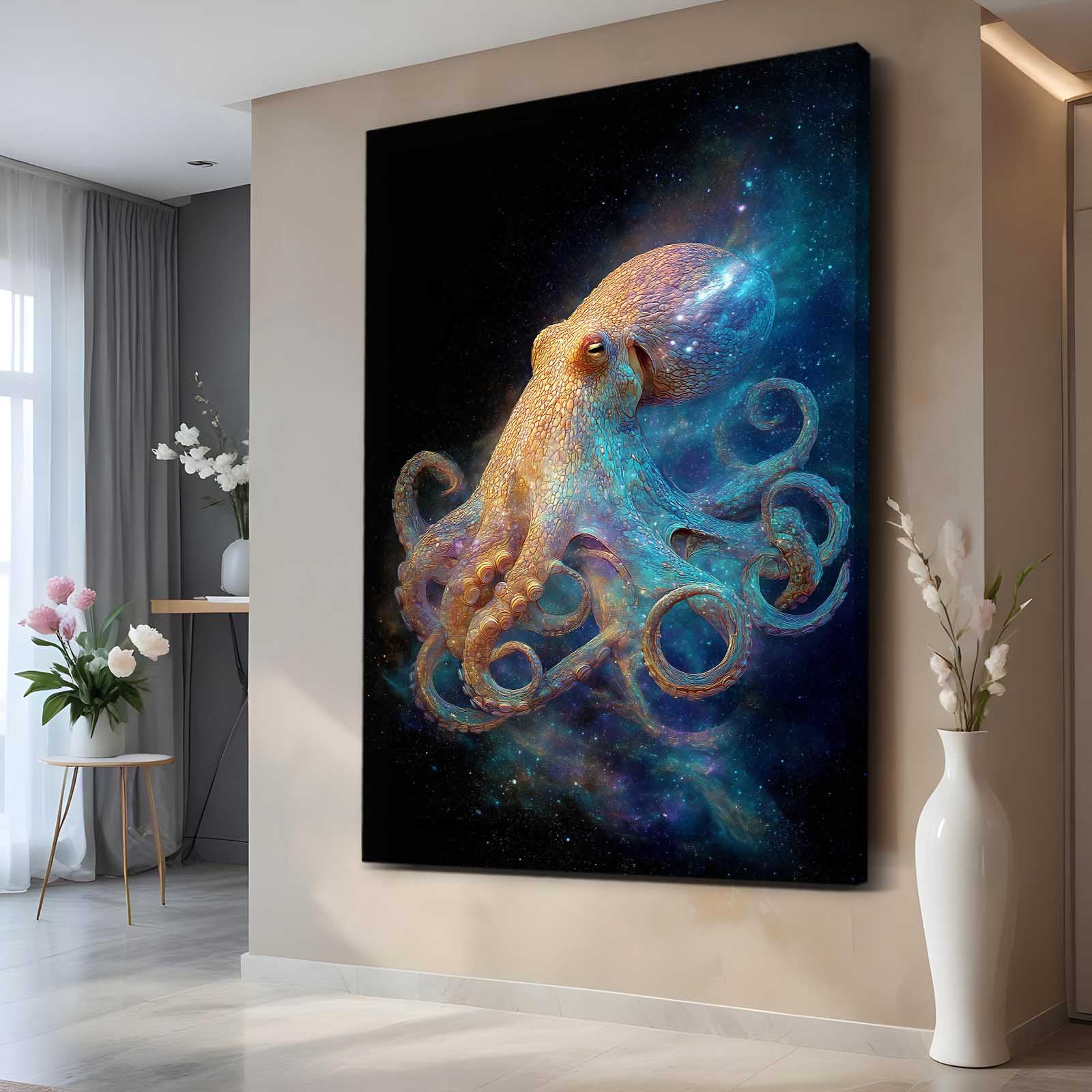 Stardust Drift Octopus Canvas Art – styled in a furnished interior