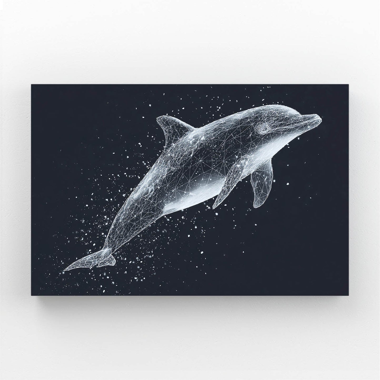 Stardust Speckle Dolphin Art – dolphin rendered in chalky white speckles on a deep charcoal navy background