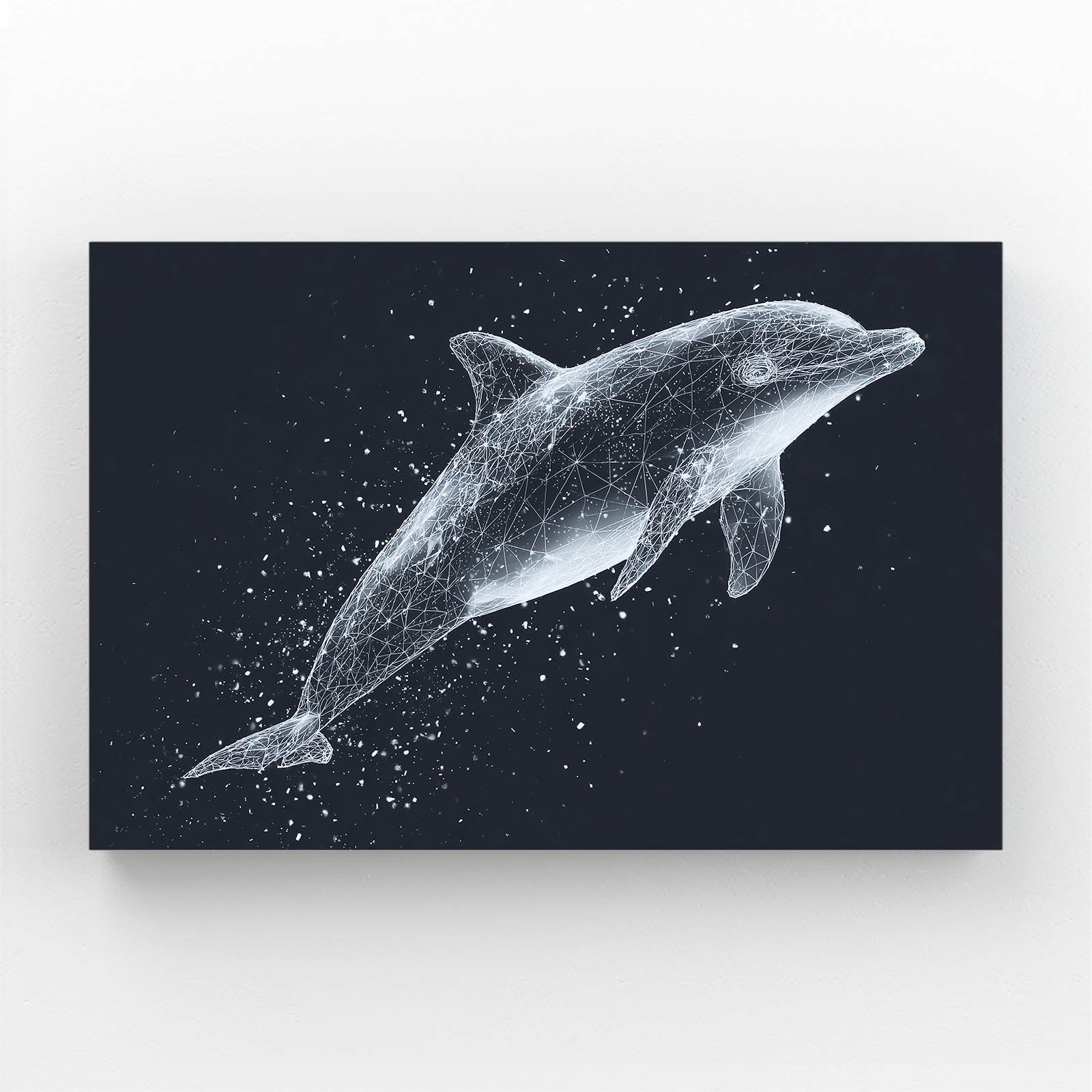 Stardust Speckle Dolphin Art – dolphin rendered in chalky white speckles on a deep charcoal navy background