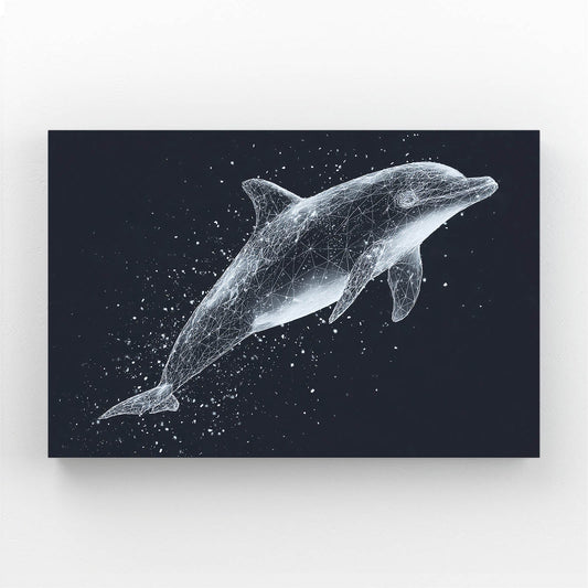 Stardust Speckle Dolphin Art – dolphin rendered in chalky white speckles on a deep charcoal navy background