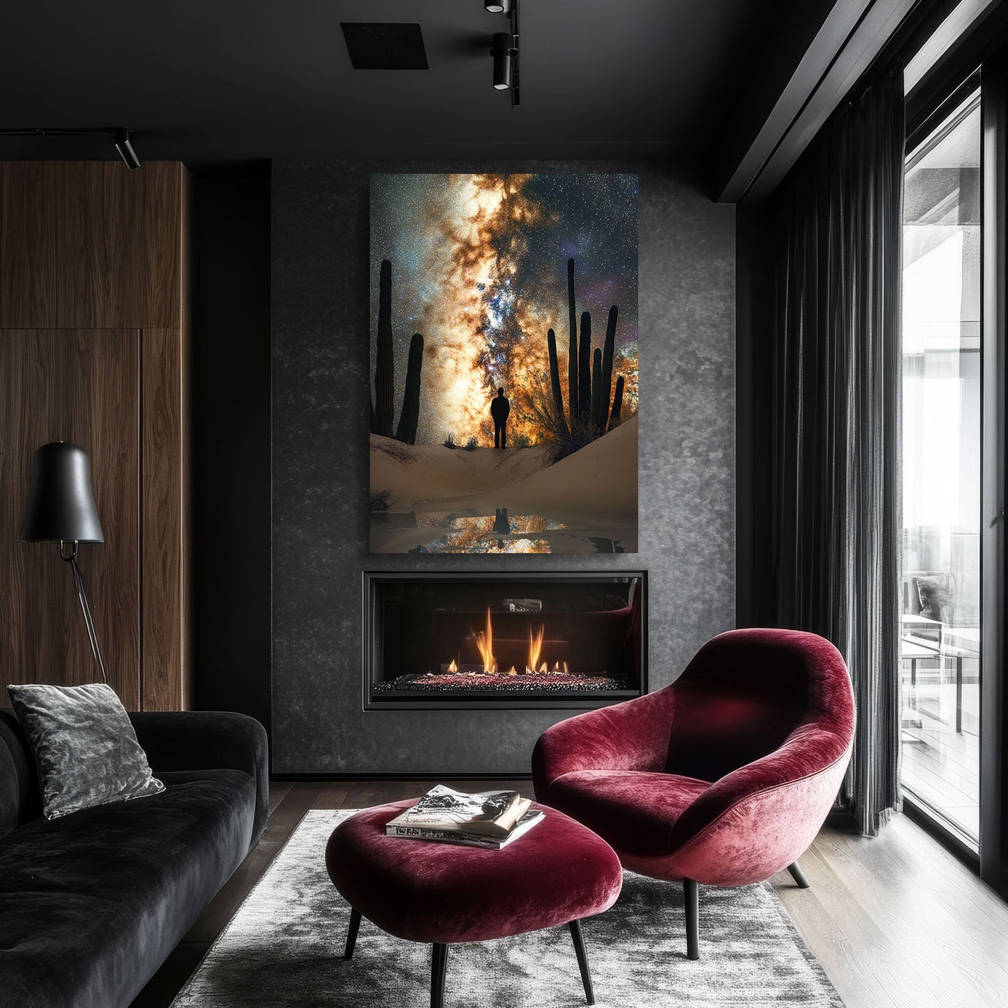 Starlit Desert Walk Cactus Canvas Art – styled in a furnished interior