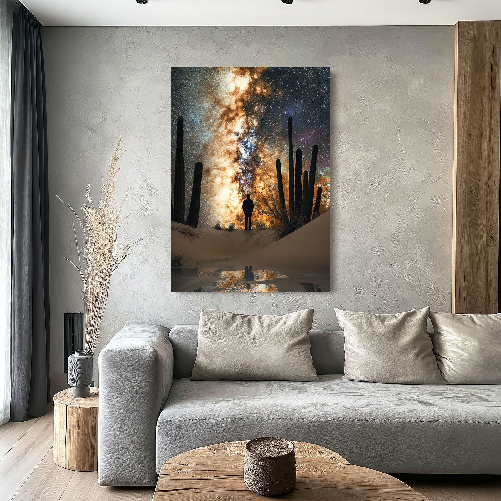 Starlit Desert Walk Cactus Canvas Art – styled in a furnished interior