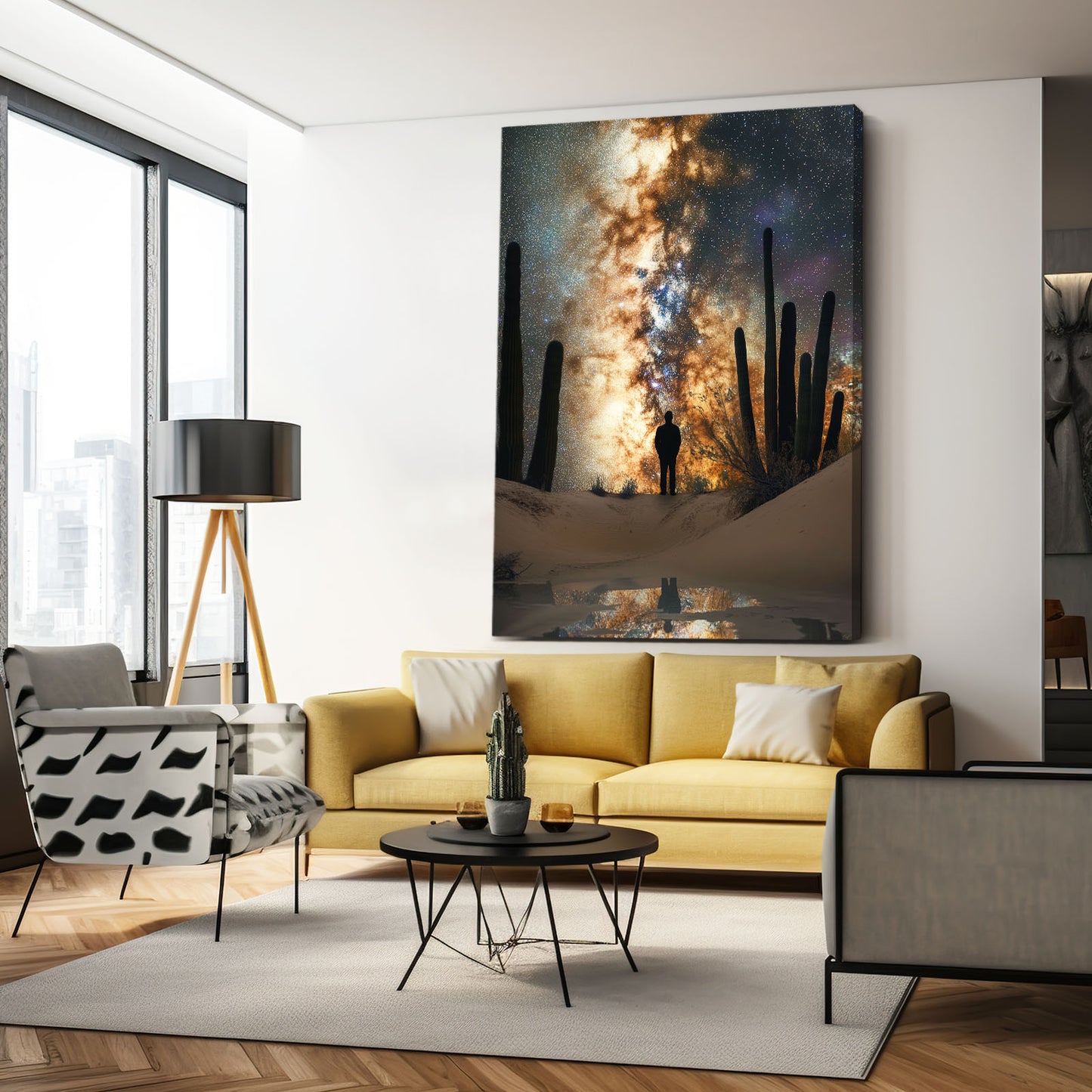 Starlit Desert Walk Cactus Canvas Art – styled in a furnished interior