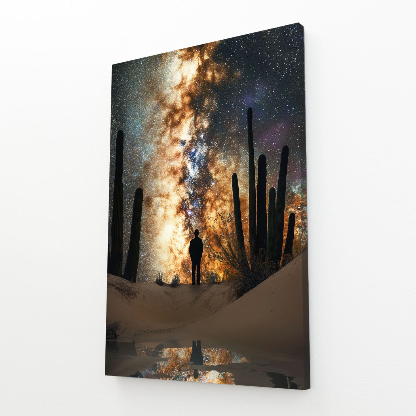Starlit Desert Walk Cactus Canvas Art – angled canvas view on white background