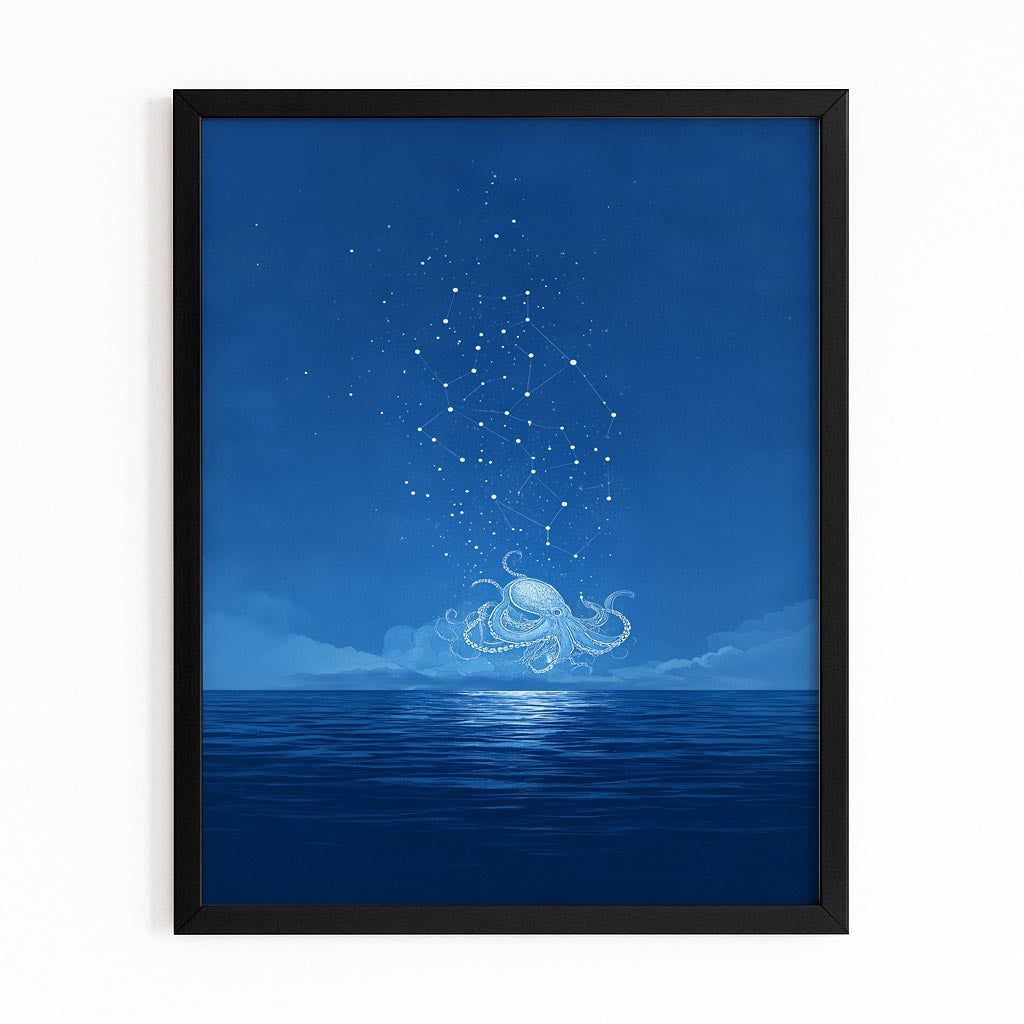 Starlit Horizon Octopus Art – with Premium Black frame on white background