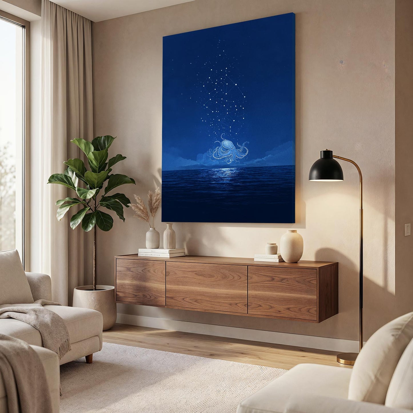 Starlit Horizon Octopus Art – styled in a furnished interior