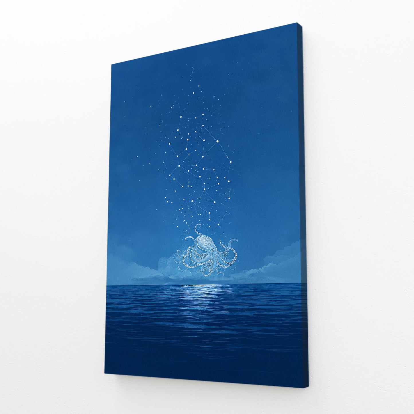 Starlit Horizon Octopus Art – angled canvas view on white background