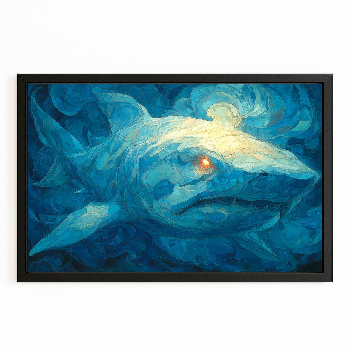 Starry Blue Swirl Shark Wall Art – with Premium Black frame on white background