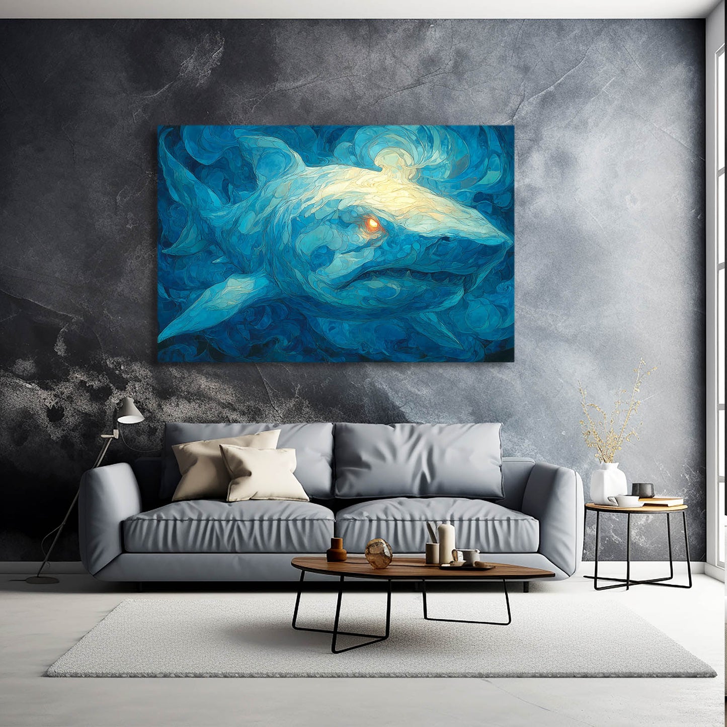 Starry Blue Swirl Shark Wall Art – styled in a furnished interior