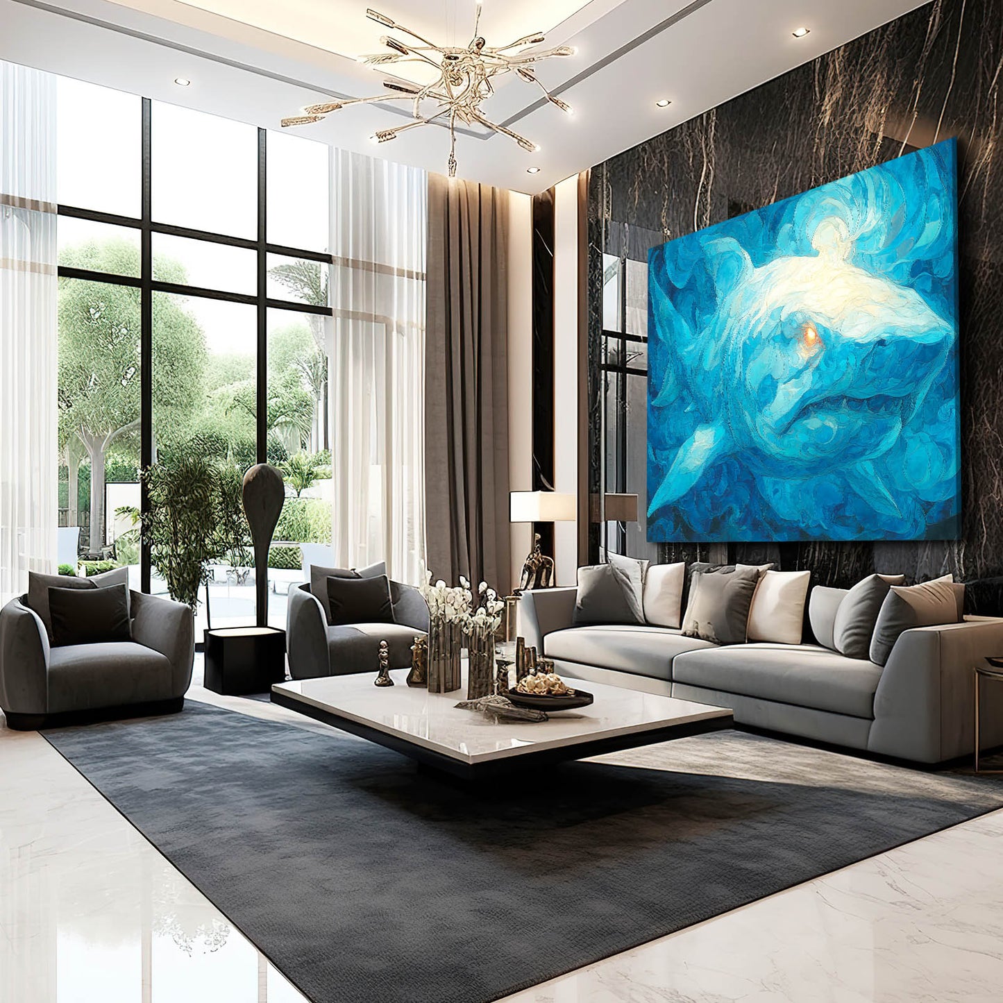 Starry Blue Swirl Shark Wall Art – styled in a furnished interior