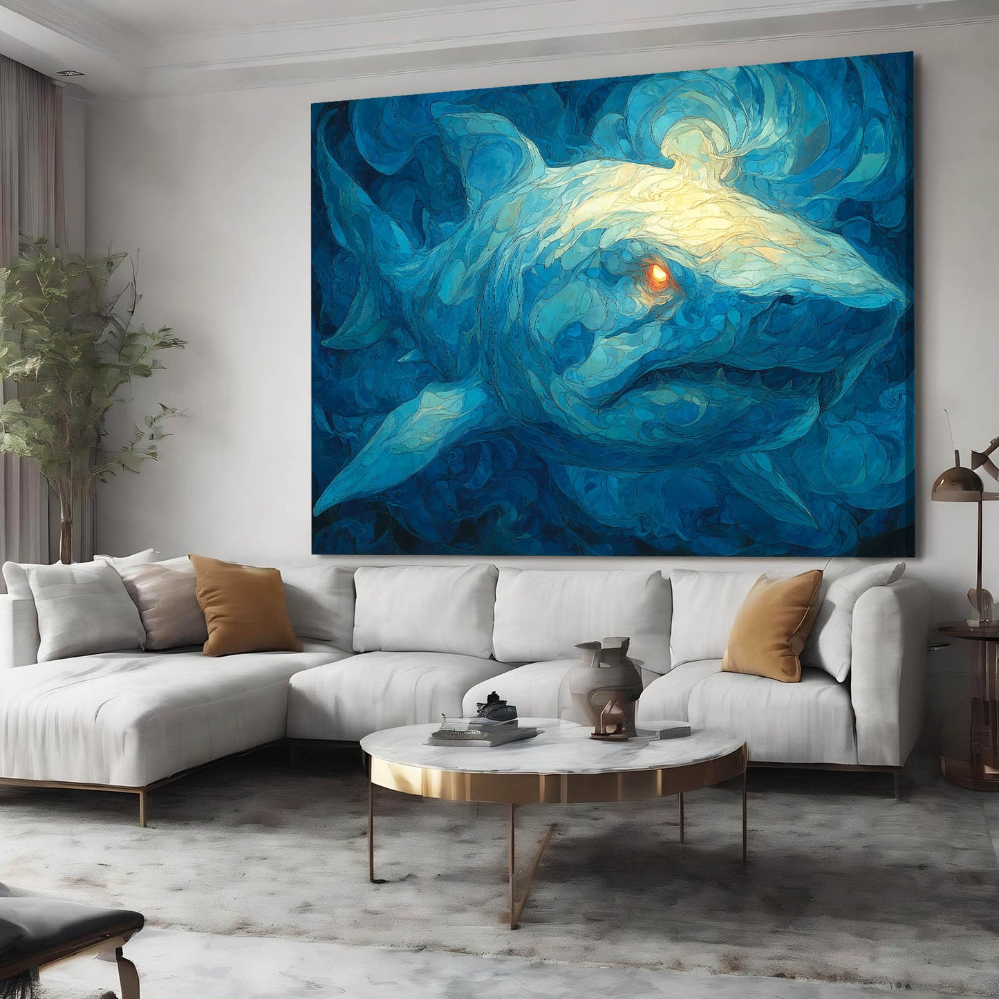 Starry Blue Swirl Shark Wall Art – styled in a furnished interior