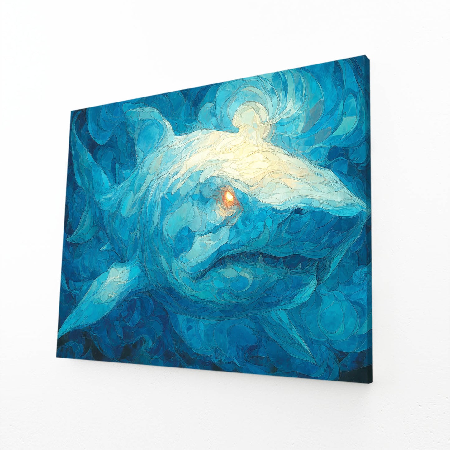 Starry Blue Swirl Shark Wall Art – angled canvas view on white background