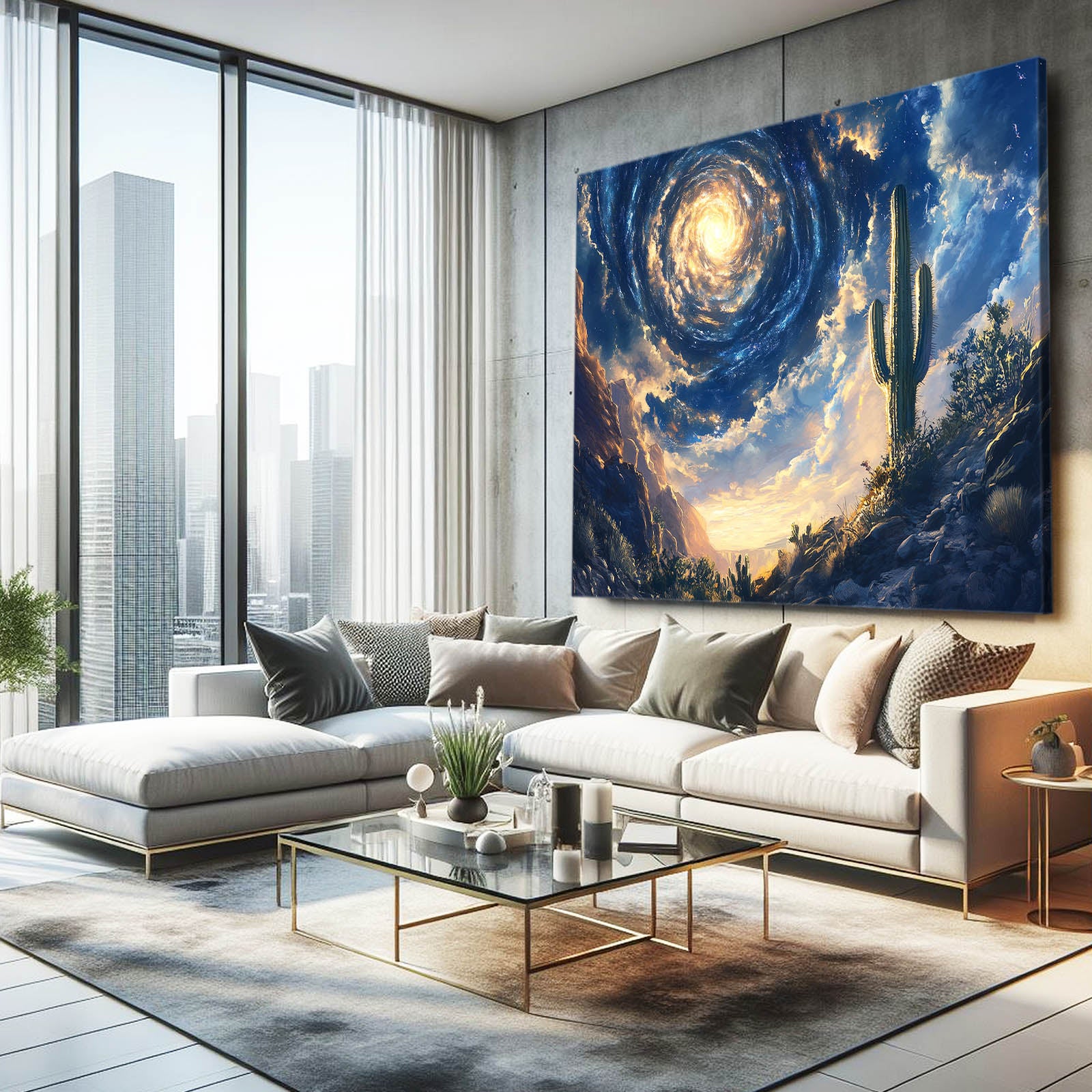 Starry Swirl Sky Cactus Canvas Art – styled in a furnished interior