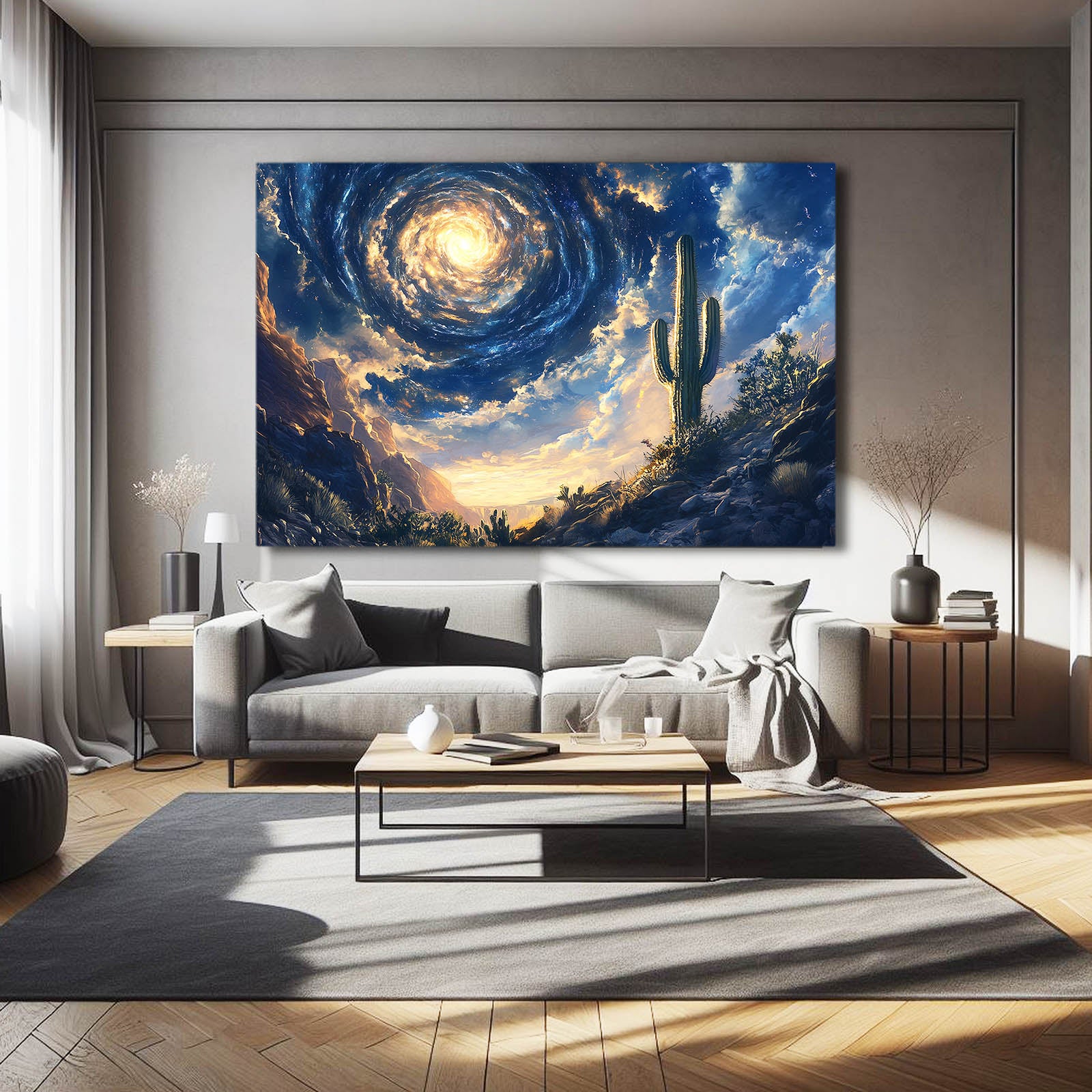 Starry Swirl Sky Cactus Canvas Art – styled in a furnished interior