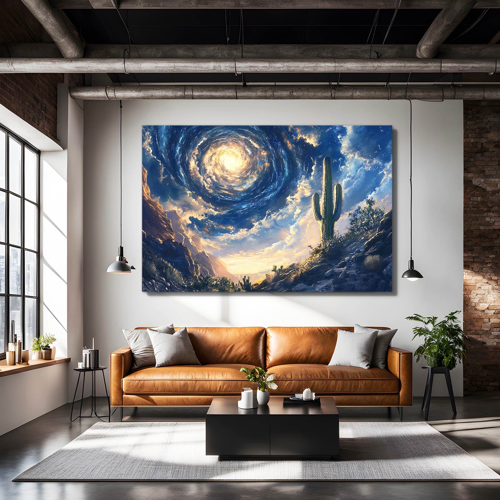 Starry Swirl Sky Cactus Canvas Art – styled in a furnished interior