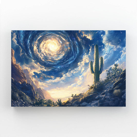 Starry Swirl Sky Cactus Canvas Art — contemporary canvas print, angled canvas view on white background