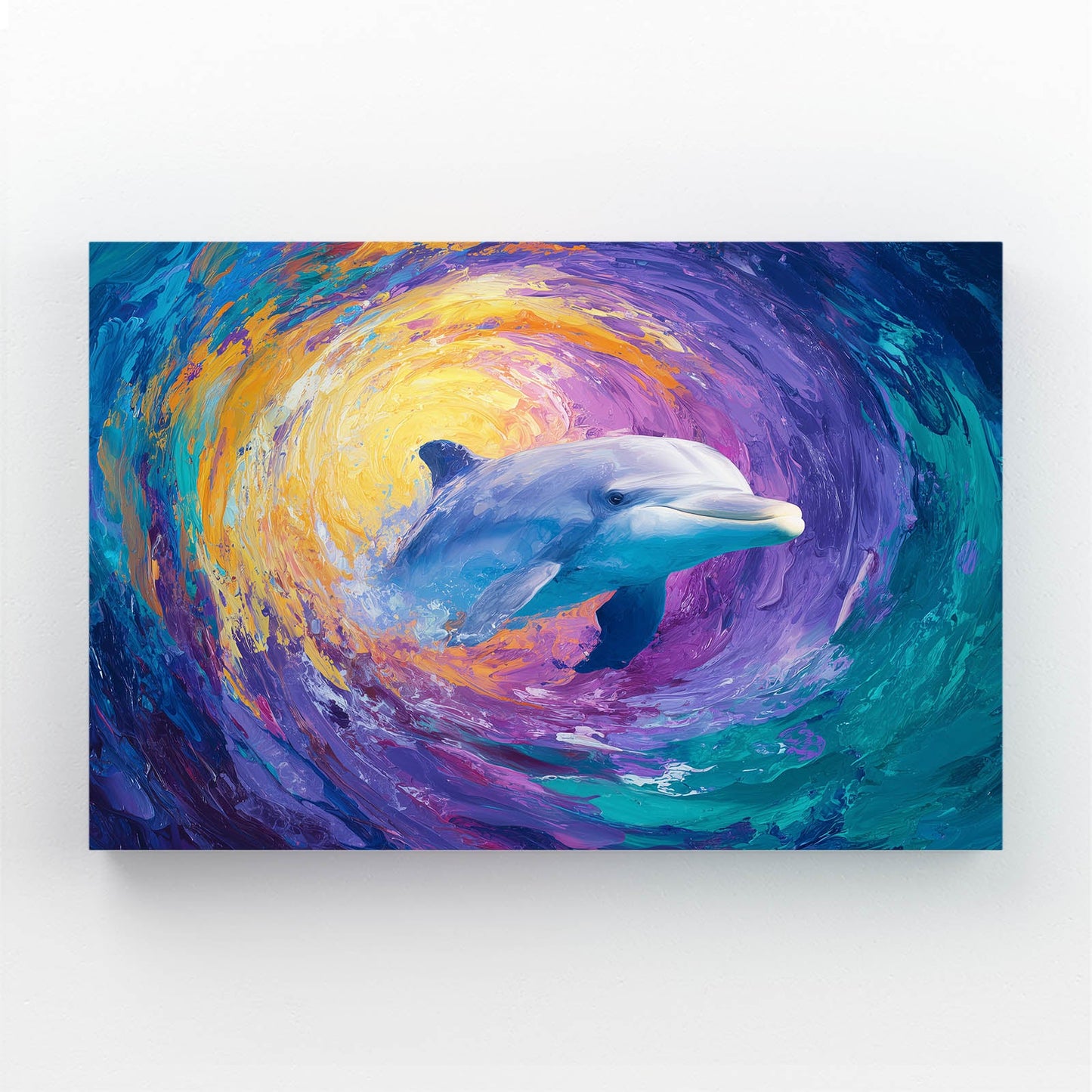 Starry Vortex Dolphin Canvas – dolphin at the center of a swirling vortex of purple, gold and blue strokes