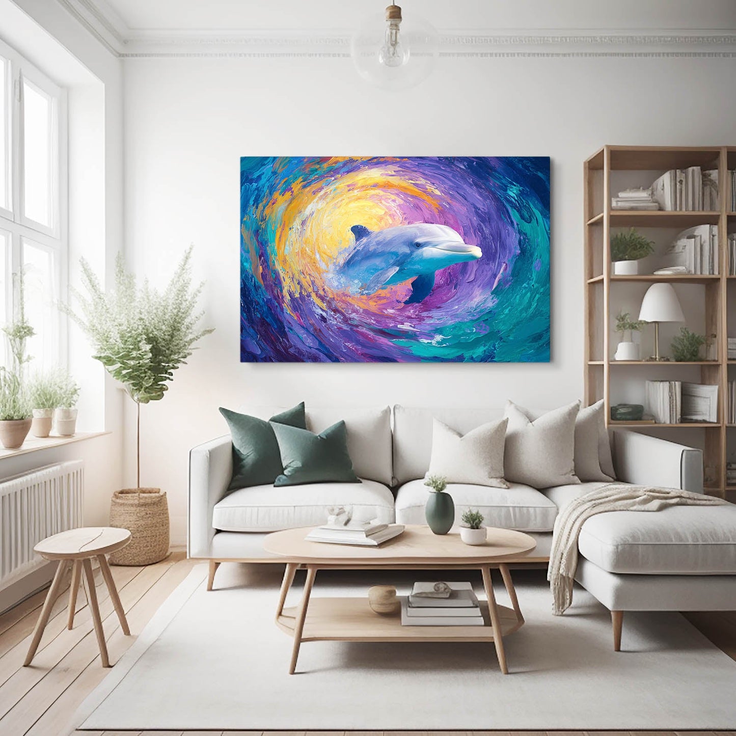 Starry Vortex Dolphin Canvas – styled in a furnished interior