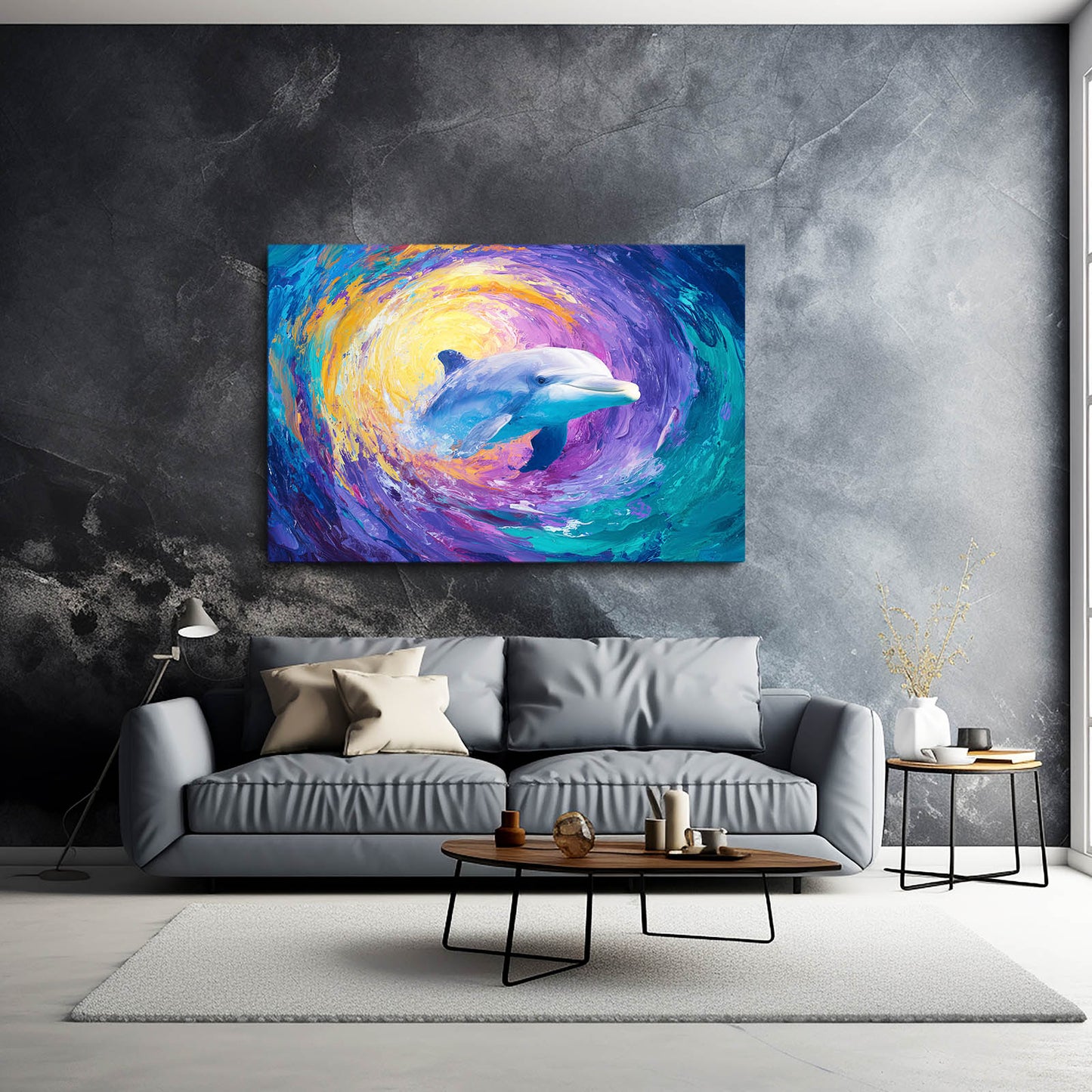 Starry Vortex Dolphin Canvas – styled in a furnished interior