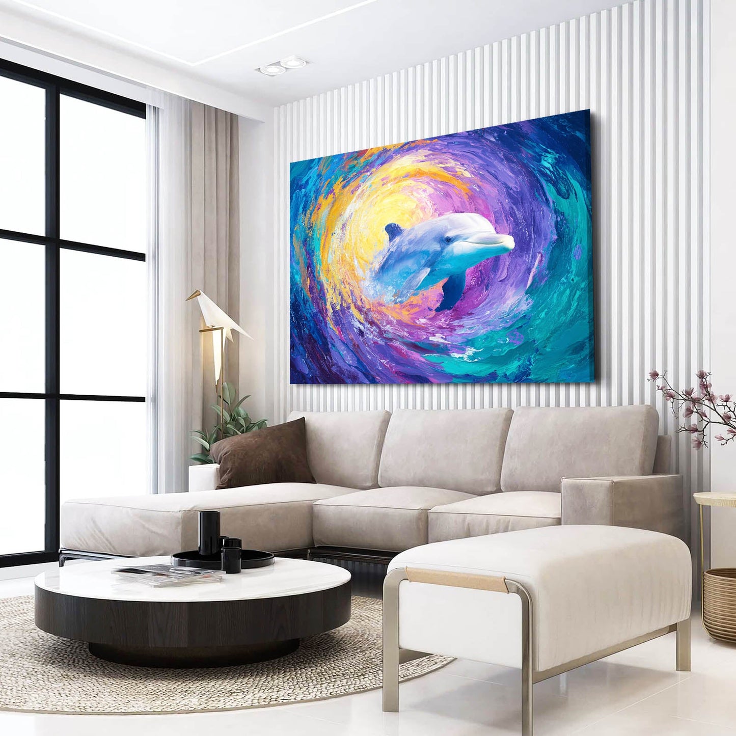 Starry Vortex Dolphin Canvas – styled in a furnished interior