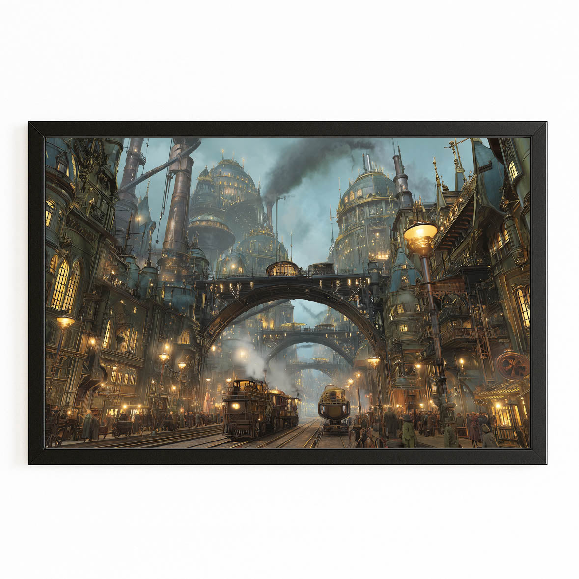 Steam City Bazaar Steampunk Prints – with Premium Black frame on white background