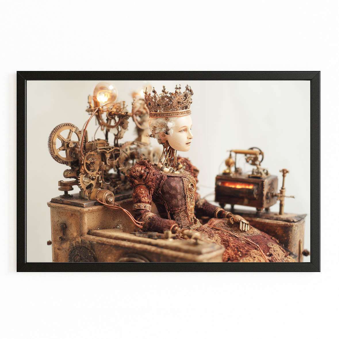 Steam Desk Diorama Steampunk Wall Art – with Premium Black frame on white background