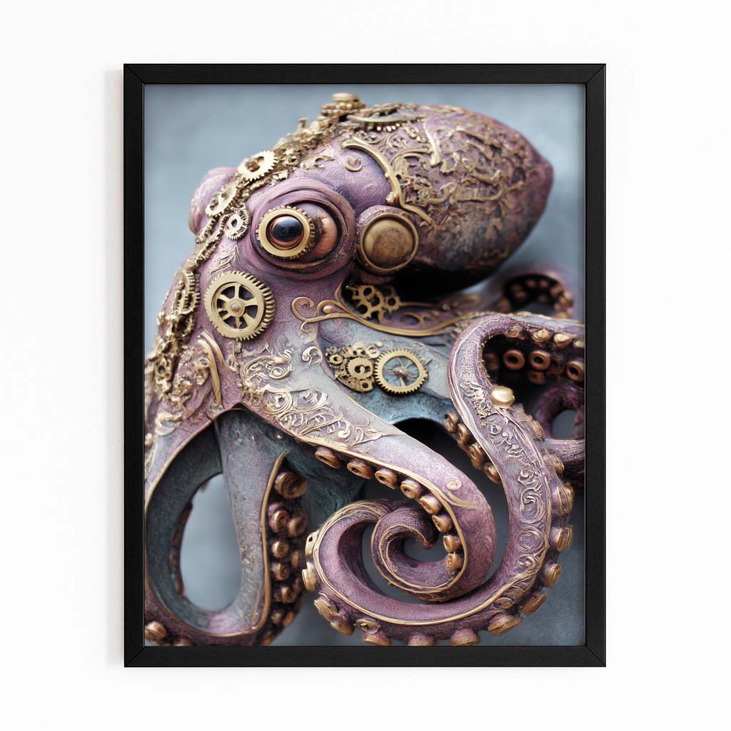 Steam Gear Beast Octopus Wall Art – with Premium Black frame on white background