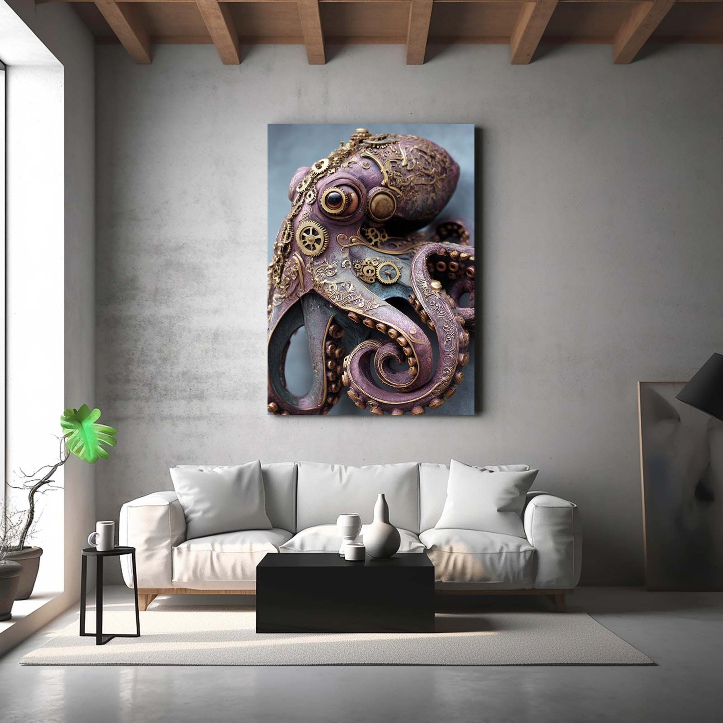 Steam Gear Beast Octopus Wall Art – styled in a furnished interior