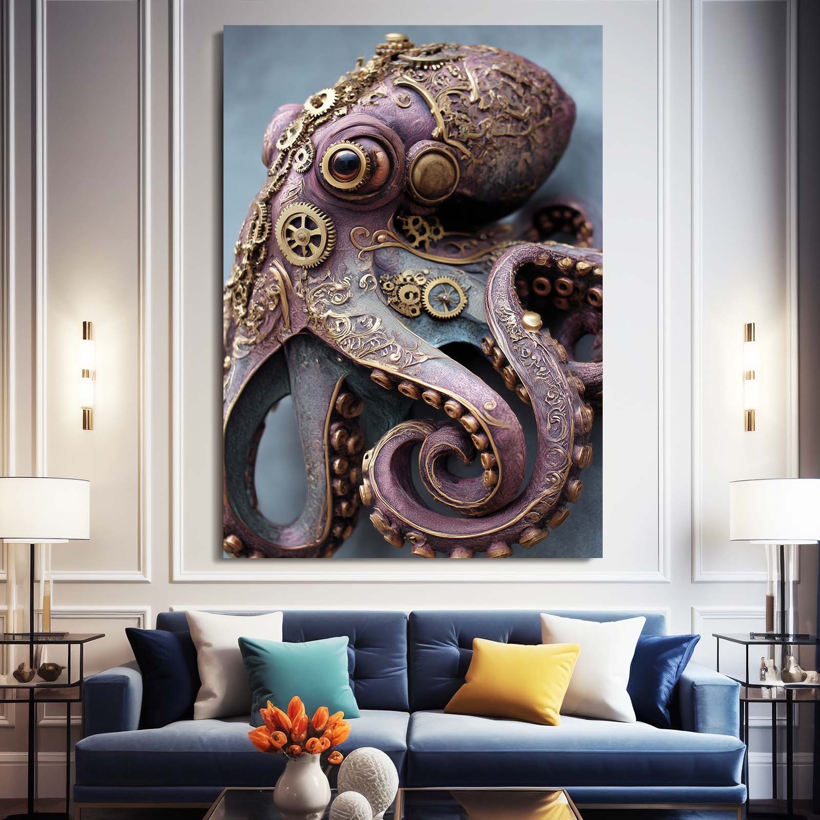 Steam Gear Beast Octopus Wall Art – styled in a furnished interior