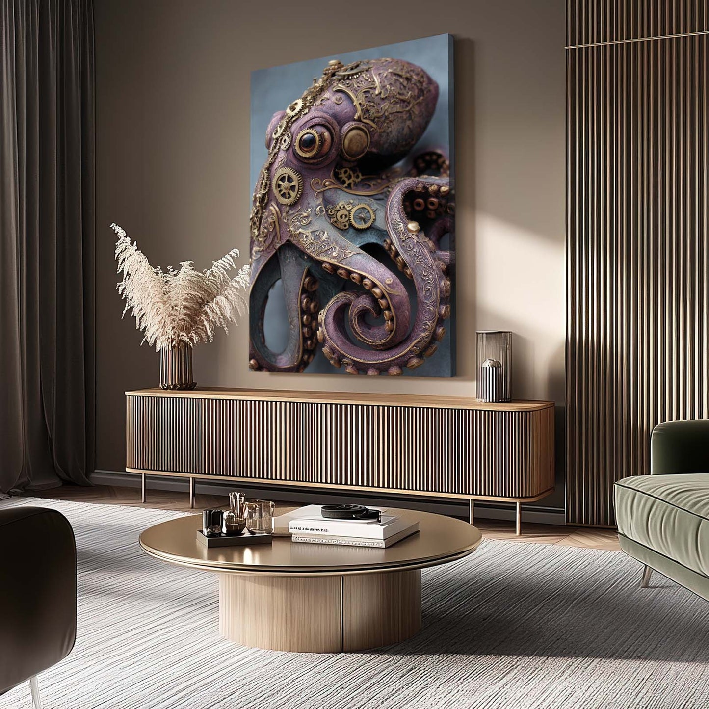 Steam Gear Beast Octopus Wall Art – styled in a furnished interior