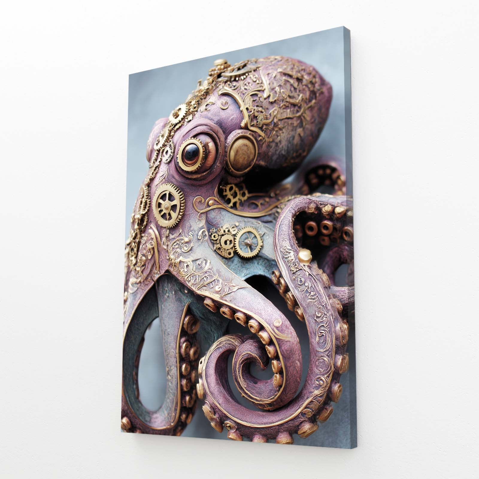 Steam Gear Beast Octopus Wall Art – angled canvas view on white background