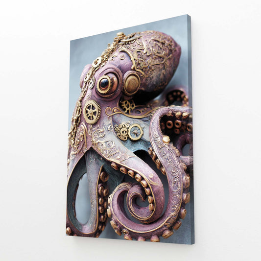 Steam Gear Beast Octopus Wall Art – angled canvas view on white background