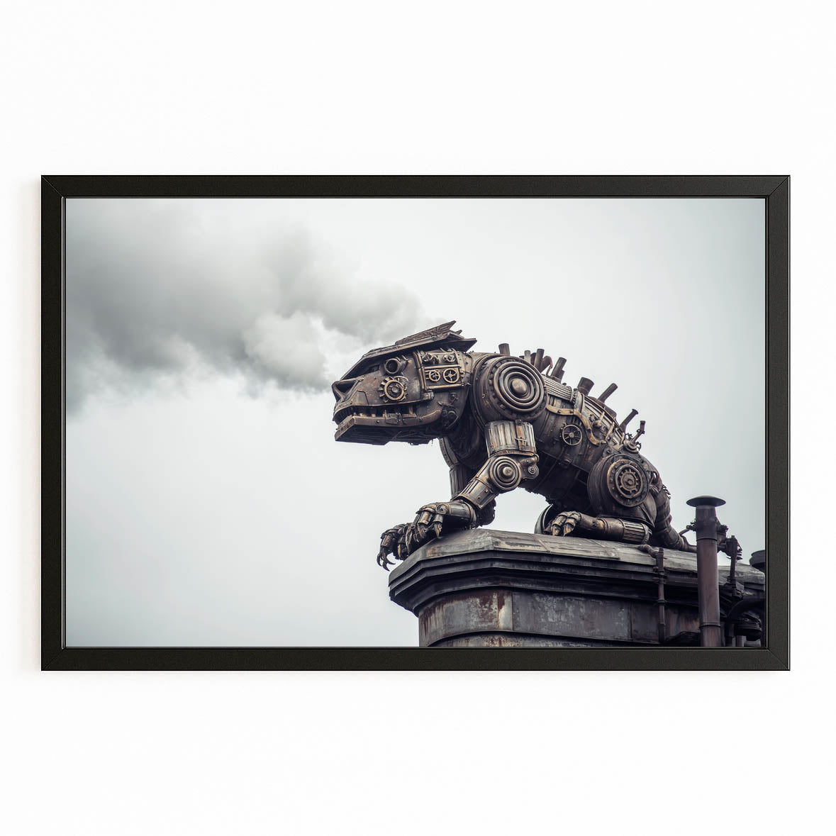 Steam Raptor Statue Steampunk Wall Art – with Premium Black frame on white background