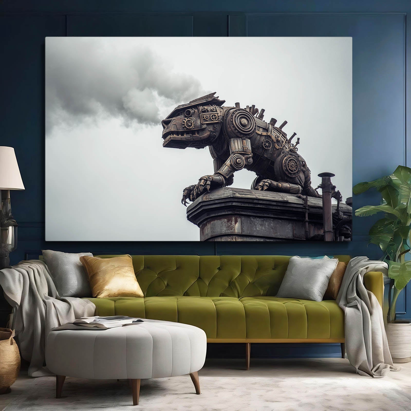 Steam Raptor Statue Steampunk Wall Art – styled in a furnished interior