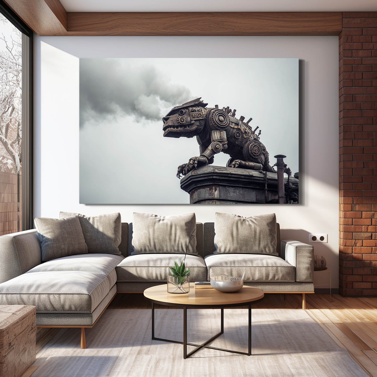 Steam Raptor Statue Steampunk Wall Art – styled in a furnished interior