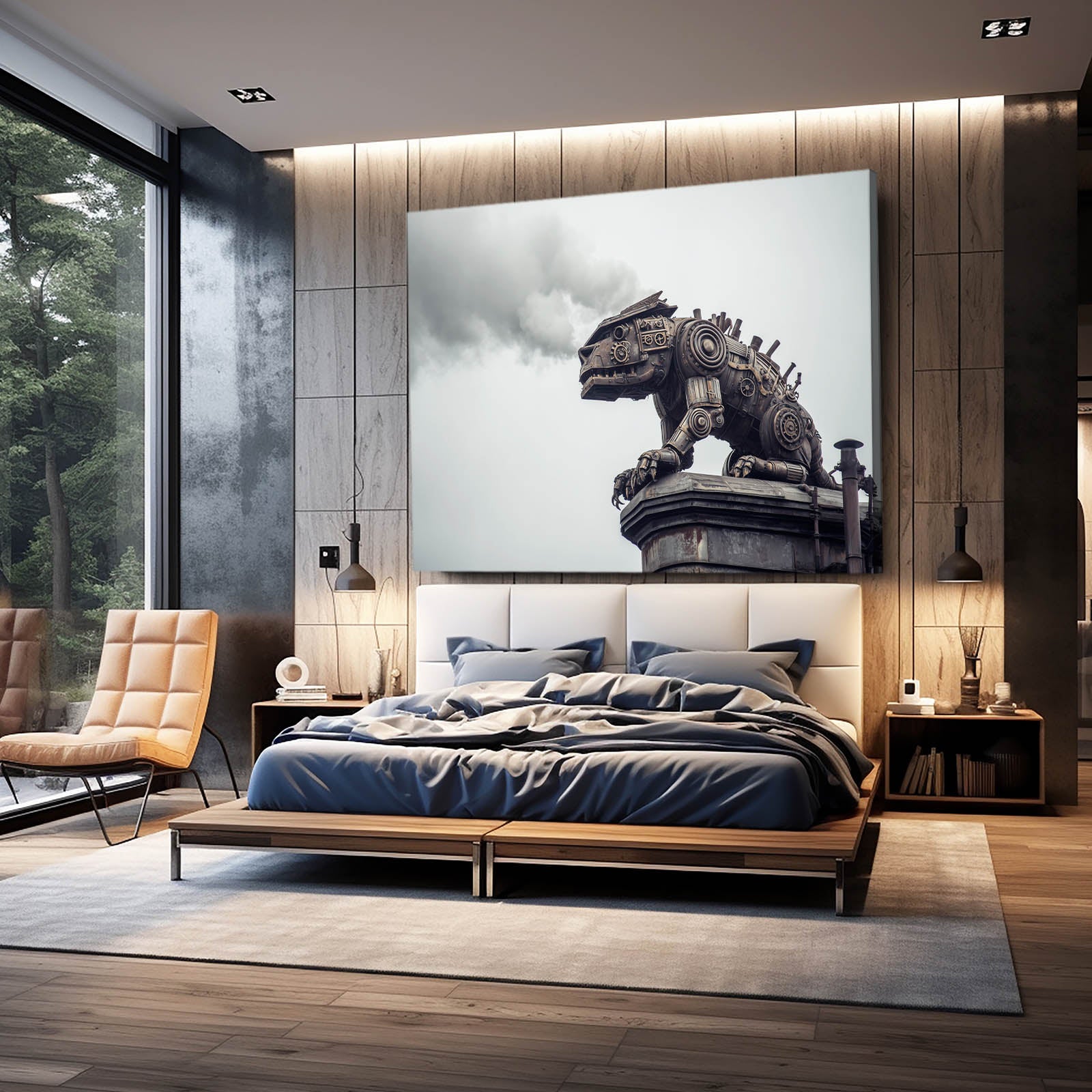 Steam Raptor Statue Steampunk Wall Art – styled in a furnished interior