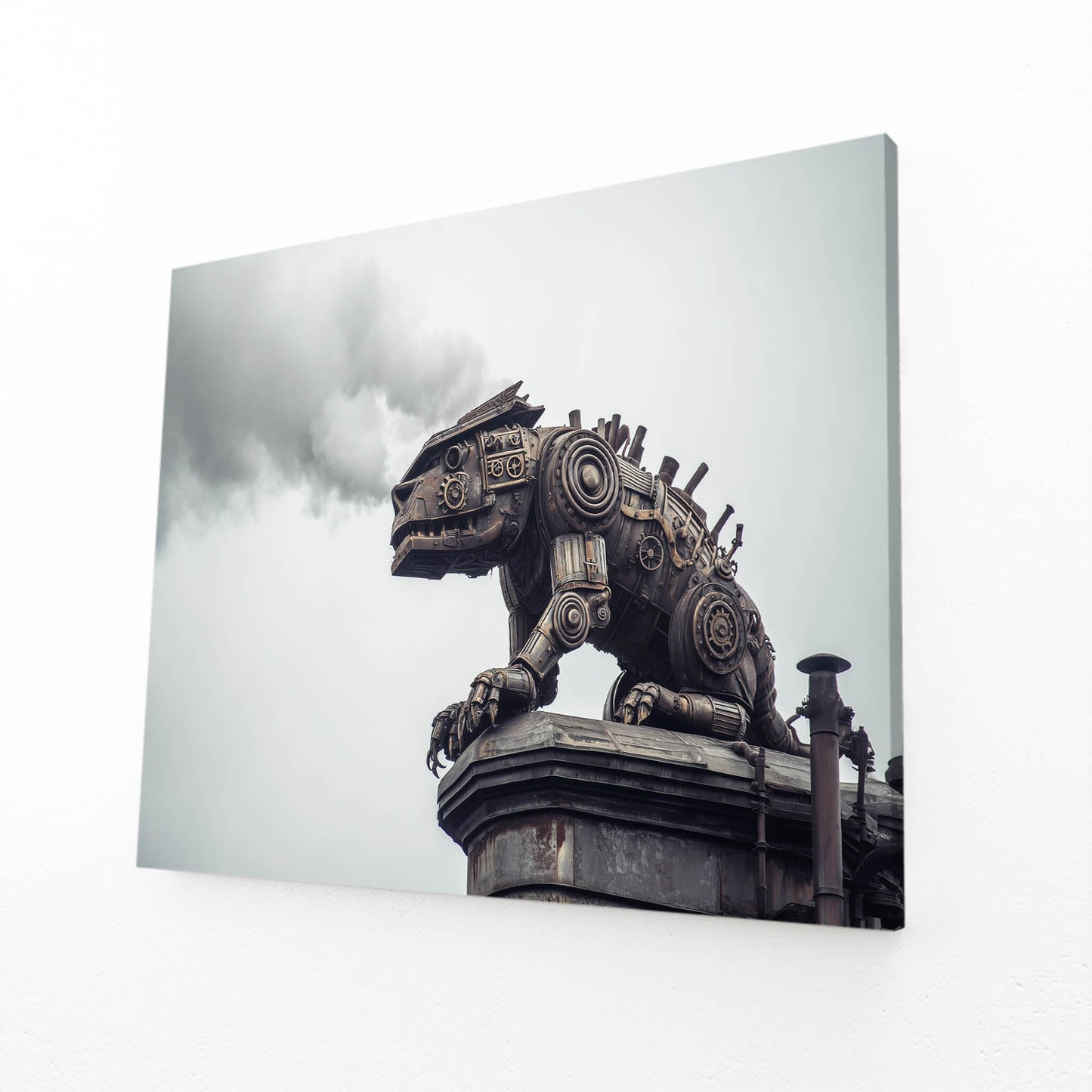 Steam Raptor Statue Steampunk Wall Art – angled canvas view on white background